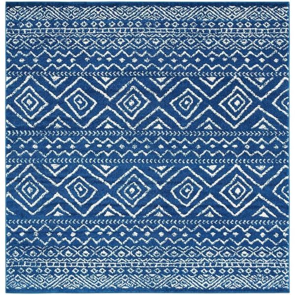Tulum Navy/Ivory 5 ft. x 5 ft. Square Geometric Diamonds Striped Area Rug
