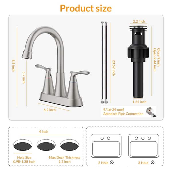 BWE 4 in. Centerset 2-Handle High-Arc Bathroom Faucet in Brushed