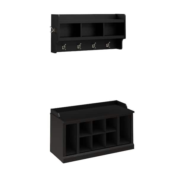 Woodland 21.02 in. H x 39.72 in. W Black Suede Oak Shoe Storage Bench with Wall Mounted Coat Rack