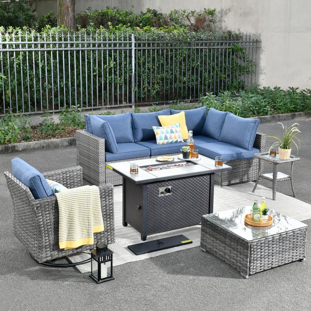 Messi Gray 8-Piece Wicker Outdoor Patio Conversation Sofa Fire Pit Set with a Swivel Chair and Denim Blue Cushions -  HOOOWOOO, MFP-YZHP308