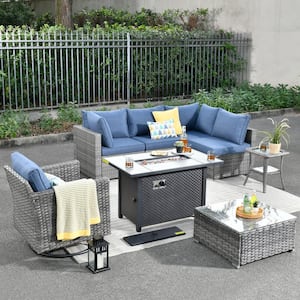 Messi Gray 8-Piece Wicker Outdoor Patio Conversation Sofa Fire Pit Set with a Swivel Chair and Denim Blue Cushions