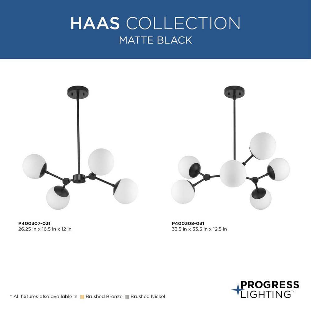 Haas 6-Light Matte Black Mid-Century Modern Chandelier with Etched Opal Glass