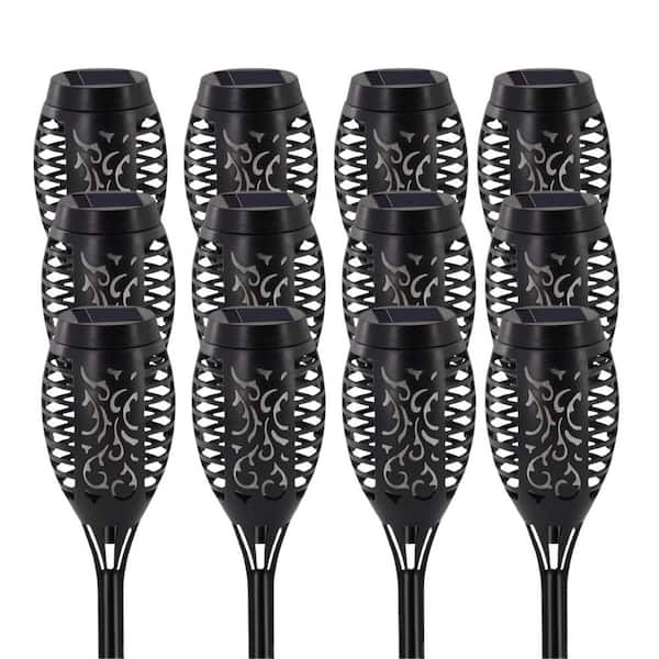 Misopily 12 Pack Black Plastic Solar Torch Lights Flickering Flame Waterproof Garden Outdoor Decorations