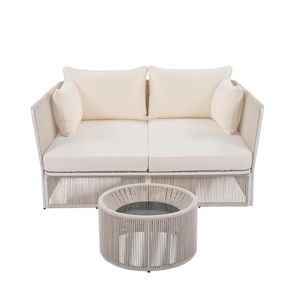 Zeus & Ruta 2-Piece Natural Wicker Outdoor Patio Sectional Sofa Sunbed with Beige Cushions and 1 Tempered Glass table