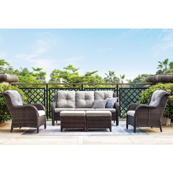 Carolina Brown 5-Piece Wicker Patio Conversation Set with Gray Cushions