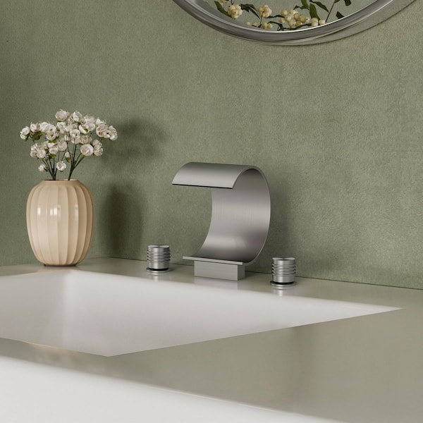 Waterfall Curved Spout 3-Hole 8 in. Widespread 2-Handle Bathroom Faucet in Brushed Nickel Pop-Up Drain Included