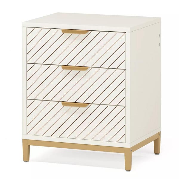 BYBLIGHT Fenley White 3 Drawers 19.7 in. Nightstand Bedside Table, Wood Grain Nightstands Bedroom Nightstand with Storage