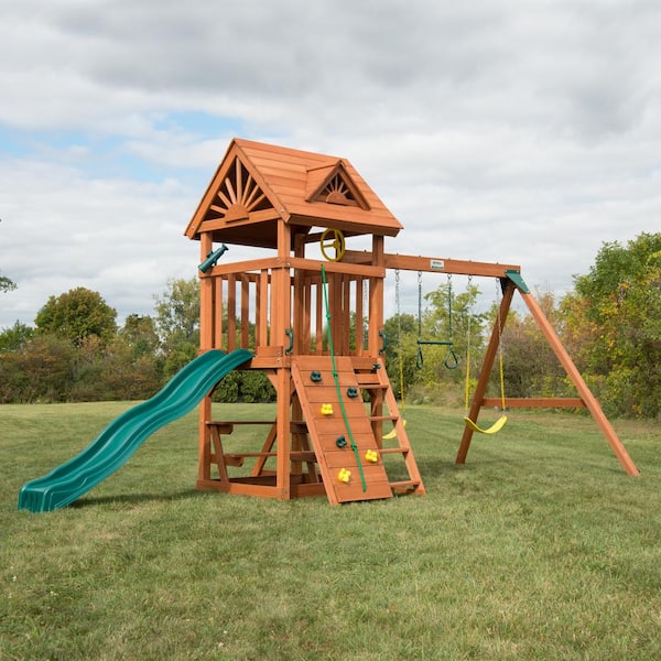 Professionally Installed Sky Tower Complete Wooden Outdoor Playset with Slide Swings and Swing Set Accessories