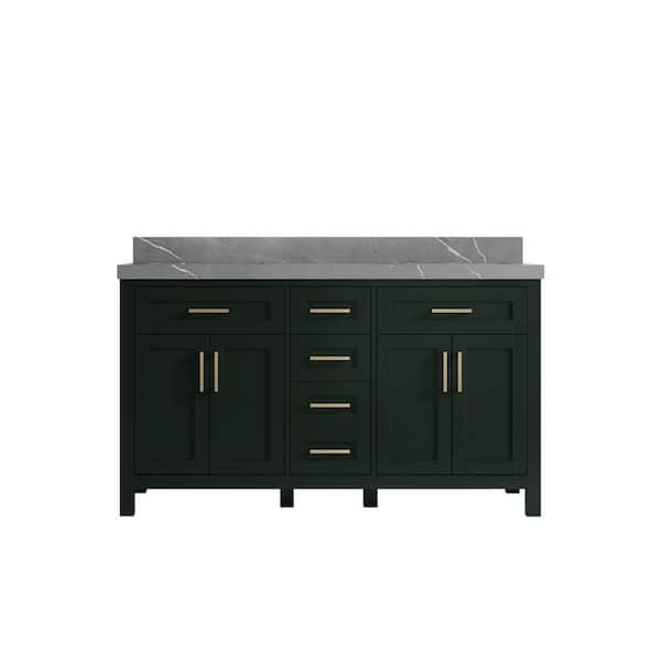 Willow Collections Cambridge 60 in. W x 22 in. D x 36 in. H Double Sink Bath Vanity in Dark Green with 2 in. Piatra Quartz Top