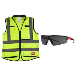 Premium Small/Medium Yellow Class 2 High Visibility Safety Vest with 15 Pockets and Tinted Anti Scratch Safety Glasses