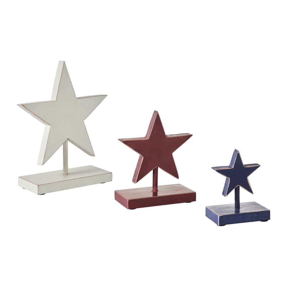 Patriotic Red, White, and Blue Wooden Stars with Display Base Set