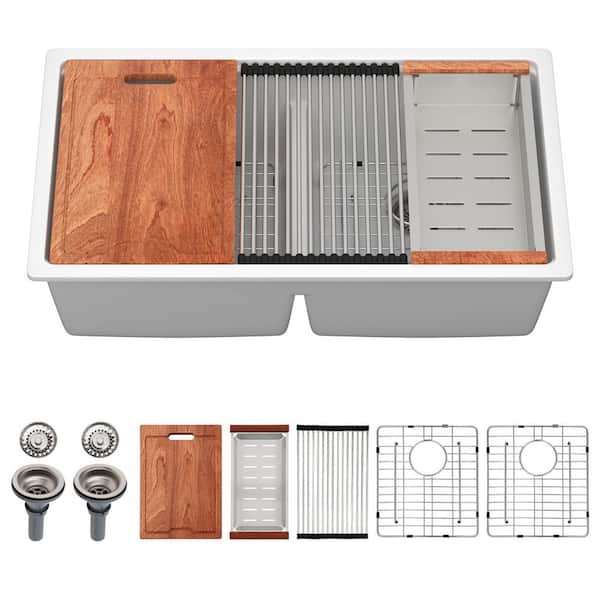 33 in. x 19 in. White Undermount Double Bowl Quartz Composite Workstation Kitchen Sink with Bottom Grids