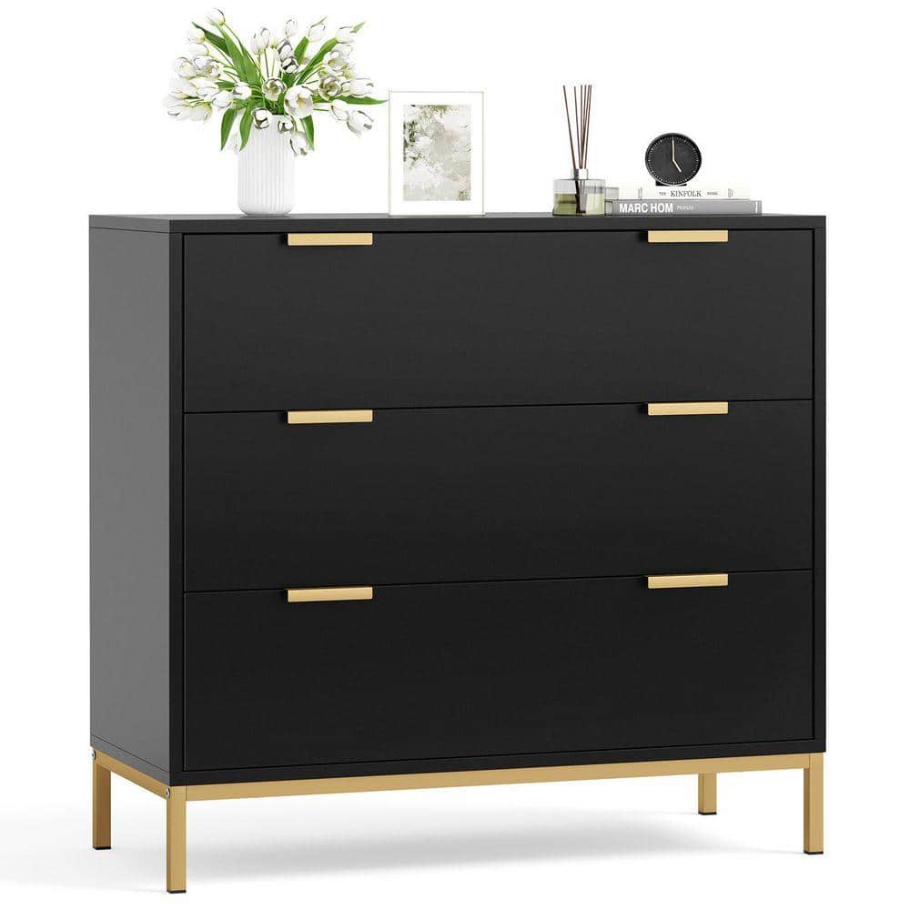 Aupodin 3-Drawer Black Chest of Drawers with Gold Metal Legs Mid Century  Modern Dresser 31.5 in. W x 29.5 in. H x 15.7 in. D H0073 - The Home Depot