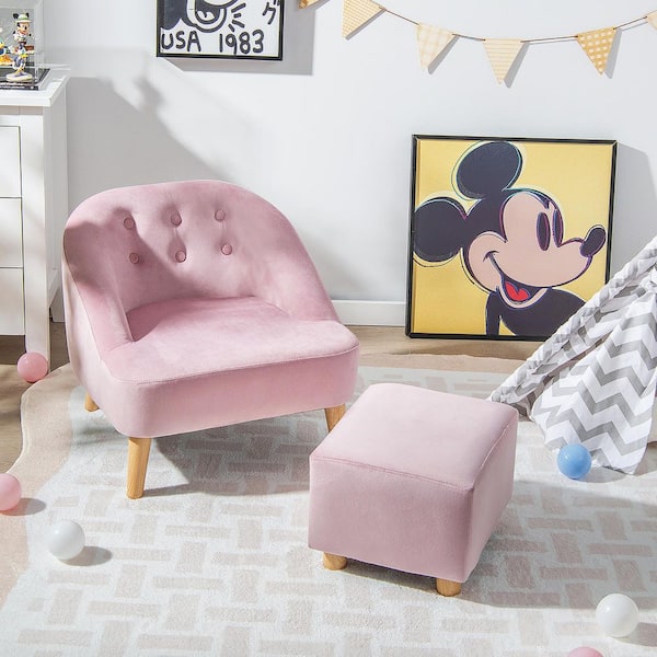 Soft Velvet Upholstered Kids Sofa Chair with Ottoman-Pink | Costway