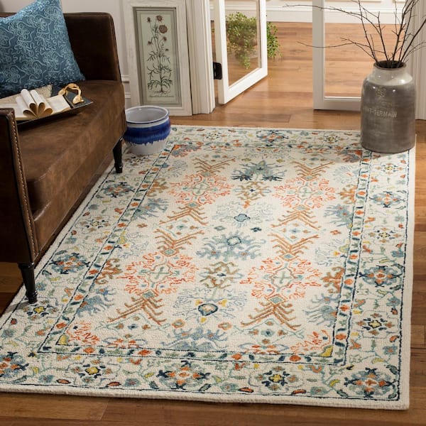 Aspen Ivory/Blue 4 ft. x 6 ft. Border Floral Geometric Area Rug