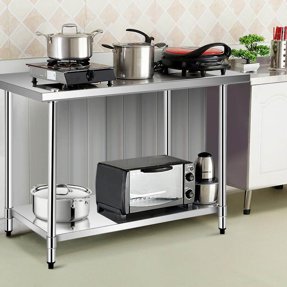 48" Silver Stainless Steel Kitchen Worktable with Storage Shelf