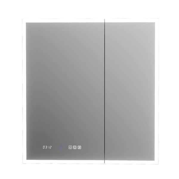 HHG 30 in. W x 32 in. H Rectangular Silver Aluminum Recessed/Surface Mount Medicine Cabinet with Mirror and LED