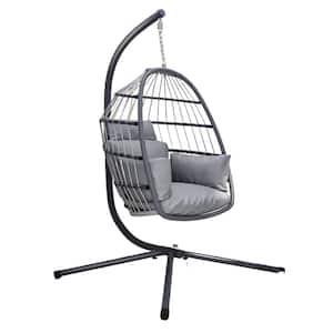 Patio Egg Chair Metal Foldable Hanging Swing Chair Porch Swing with Pillow and Stand in Gray
