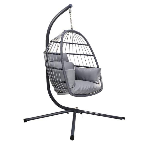 Unbranded Patio Egg Chair Metal Foldable Hanging Swing Chair Porch Swing with Pillow and Stand in Gray