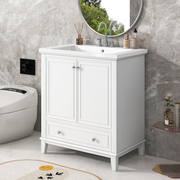 30 in. W x 18 in. D x 34.8 in. H Single Sink Freestanding Bath Vanity in White with White Ceramic Top and Storage