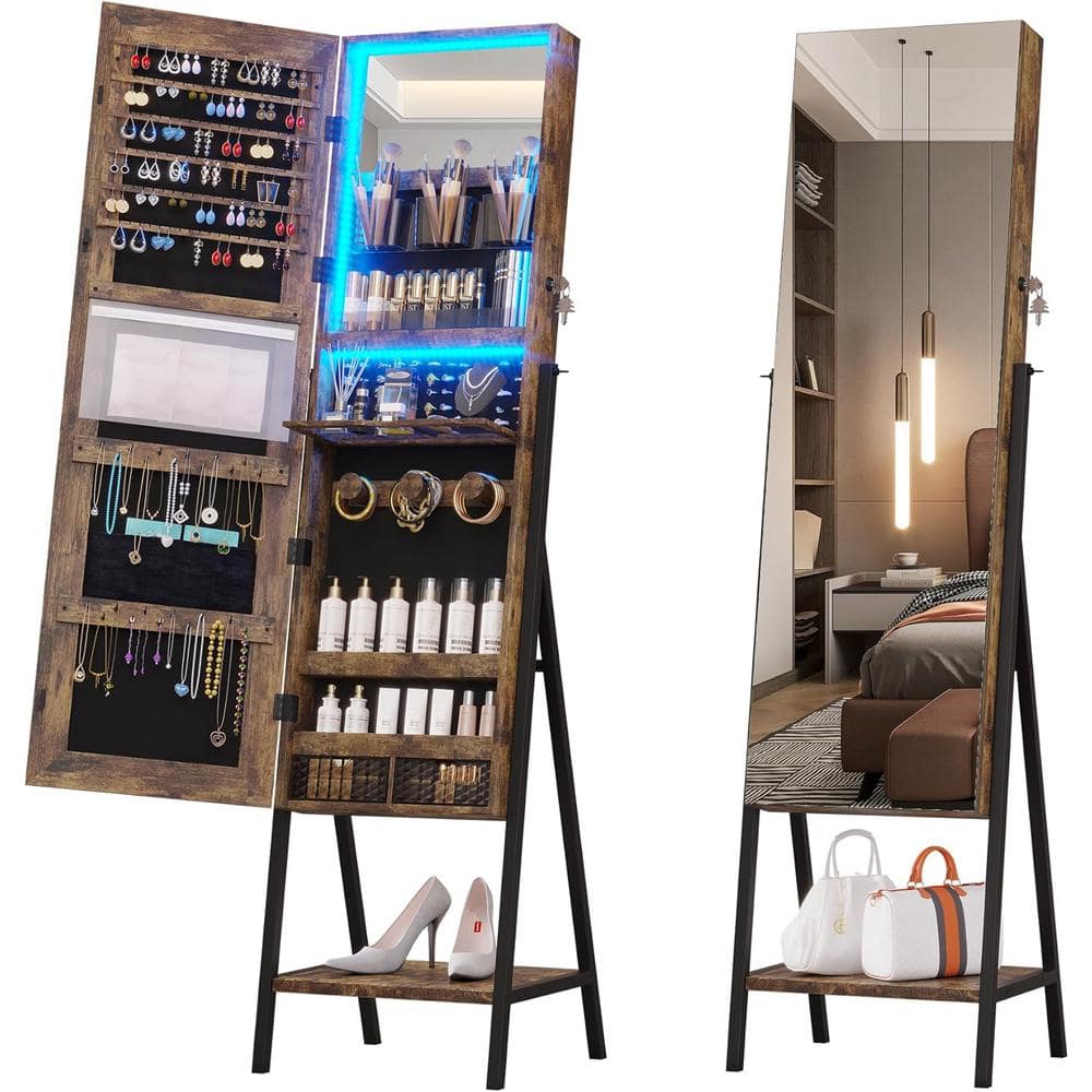 Rustic Brown Light Wood Full-Length Mirror Jewelry Cabinet Armoire