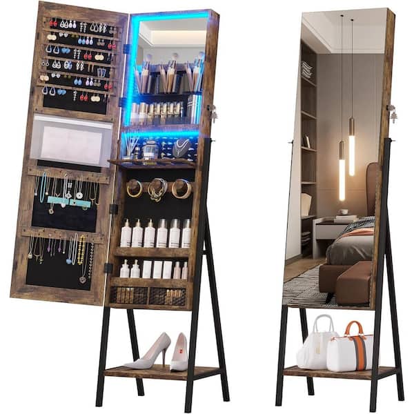 Afoxsos 47.2 in. LED Jewelry Cabinet Armoire with Jewelry Storage in Rustic Brown