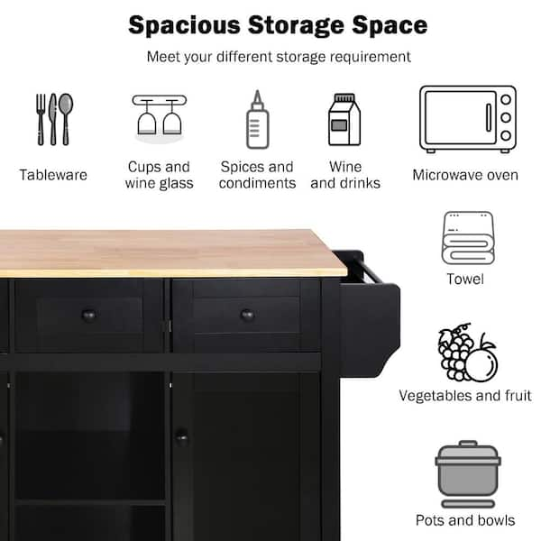 Black Wood 53.1 in. Kitchen Island on 5-Wheels with Storage Cabinet An