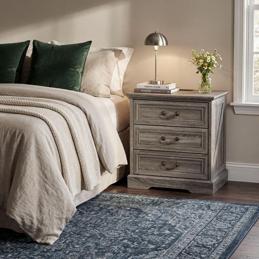 Gray Wood 3-Drawer 23.6 in. Wide Chest of Drawers with Side Panel Design, Power Outlet, Cable Management, Accent Handles price history on PriceWatchPro