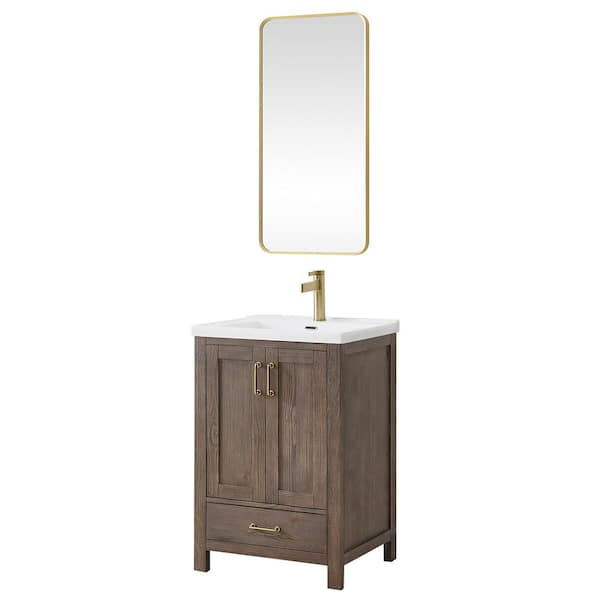 Gela 23.6 in. W x 19.7 in. D x 35 in. H Single Bath Vanity in Spruce Brown with White Drop-In Ceramic Basin and Mirror