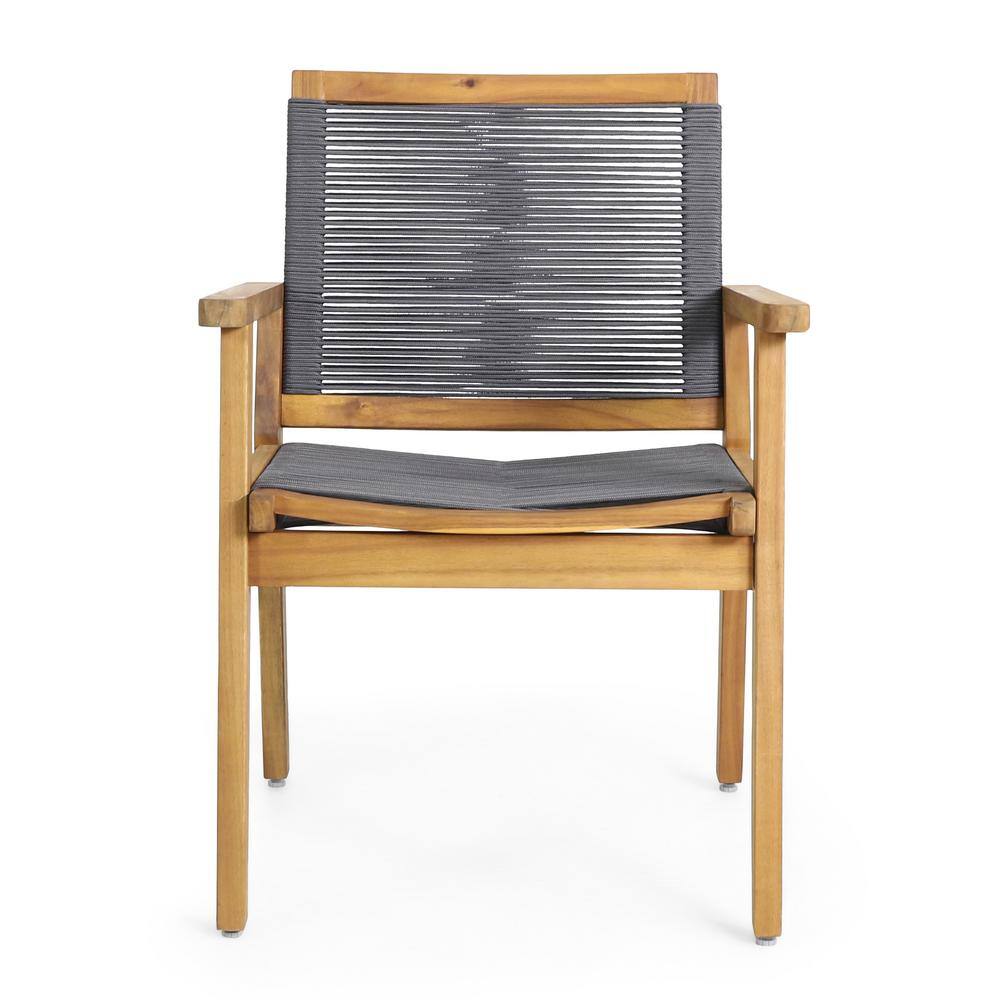 Set of 2 Teak and Dark Gray Rope Outdoor Dining Chairs