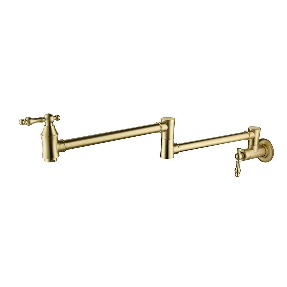 AIMADI Wall Mounted Pot Filler with Double Joint Swing Arm 1 Hole 2 Handle Brass Folding Kitchen