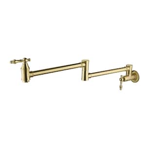 Wall Mounted Pot Filler with Double Joint Swing Arm 1 Hole 2 Handle Brass Folding Kitchen Sink Faucets in Brushed Gold