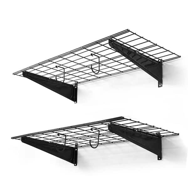 36 in. W x 18 in. D Black Metal Garage Wall Shelf, Wall Mounted Garage Shelves with 2 Bike Hooks, (Pack of 2)