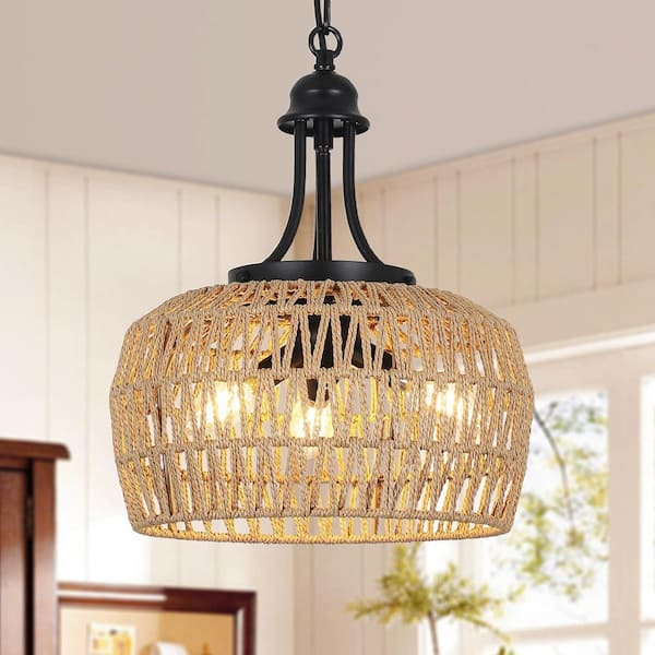 13 in. 3-Light Brown Woven Rattan Flush Mount Ceiling Light Chandelier with Hand-Worked Cage Shade and No Bulbs Included