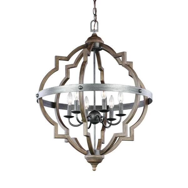 Generation Lighting Socorro 25 in. W. 6-Light Weathered Gray and Distressed Oak Hall-Foyer Rustic Farmhouse Hanging Pendant