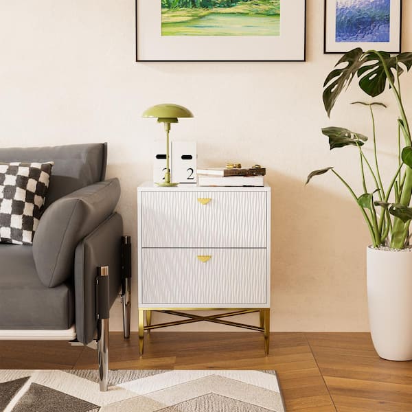 Boyel Living White 2-Drawer Water Ripple Finish Designs Wood Nightstand with Square Support Legs