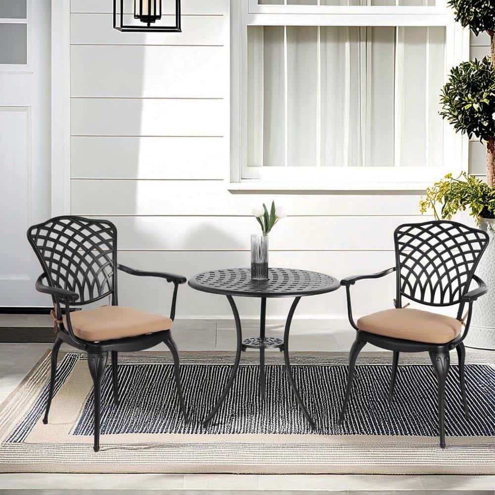 Black 3-Piece Cast Aluminum Patio Outdoor Bistro Set Rust-Resistant Round B