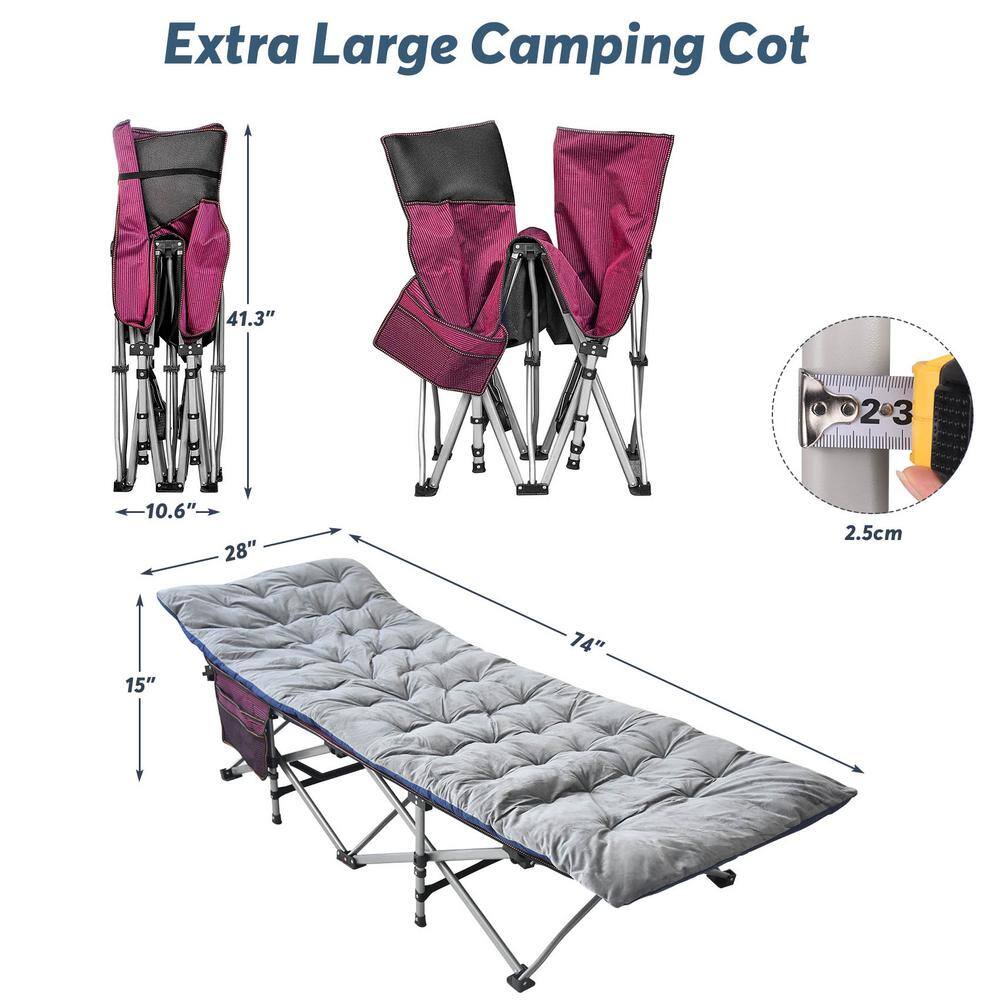 Blue and Red Folding Camping Cot with Mattress and Carry Bag