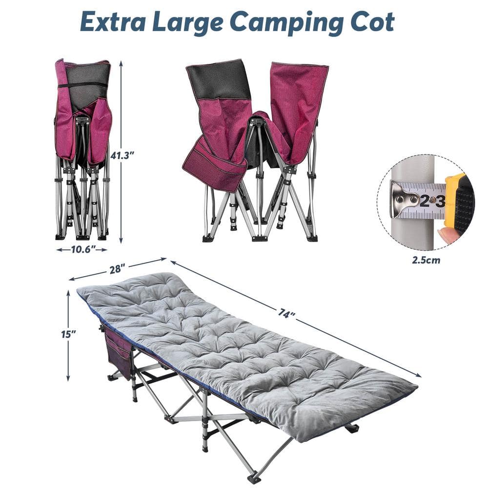 Blue and Red Folding Camping Cot with Mattress and Carry Bag