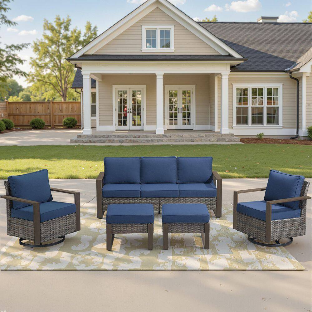 Kove Gray Wicker 5-Piece Patio Conversation Set Outdoor Sectional Seating Set with Matal Ottoman and Blue Cushion price history on PriceWatchPro