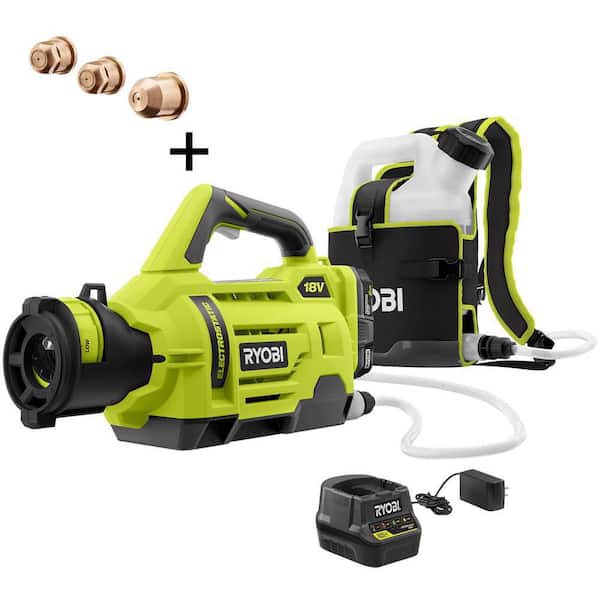 RYOBI ONE+ 18V Cordless Electrostatic 1 Gal. Sprayer w/ Extra (2) Low & (1) High Nozzles, (2) 2.0 Ah Batteries, & (1) Charger