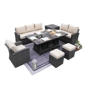 Lomax Gray 7-Piece Wicker Patio Fire Pit Conversation Sofa Set with Beige Cushions