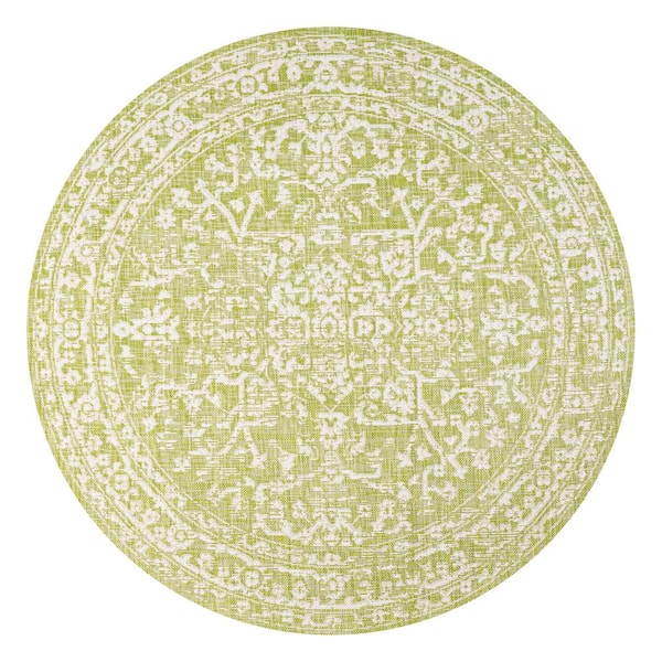 Malta Bohemian Medallion Textured Weave Green/Cream 5 ft. Round Indoor/Outdoor Area Rug