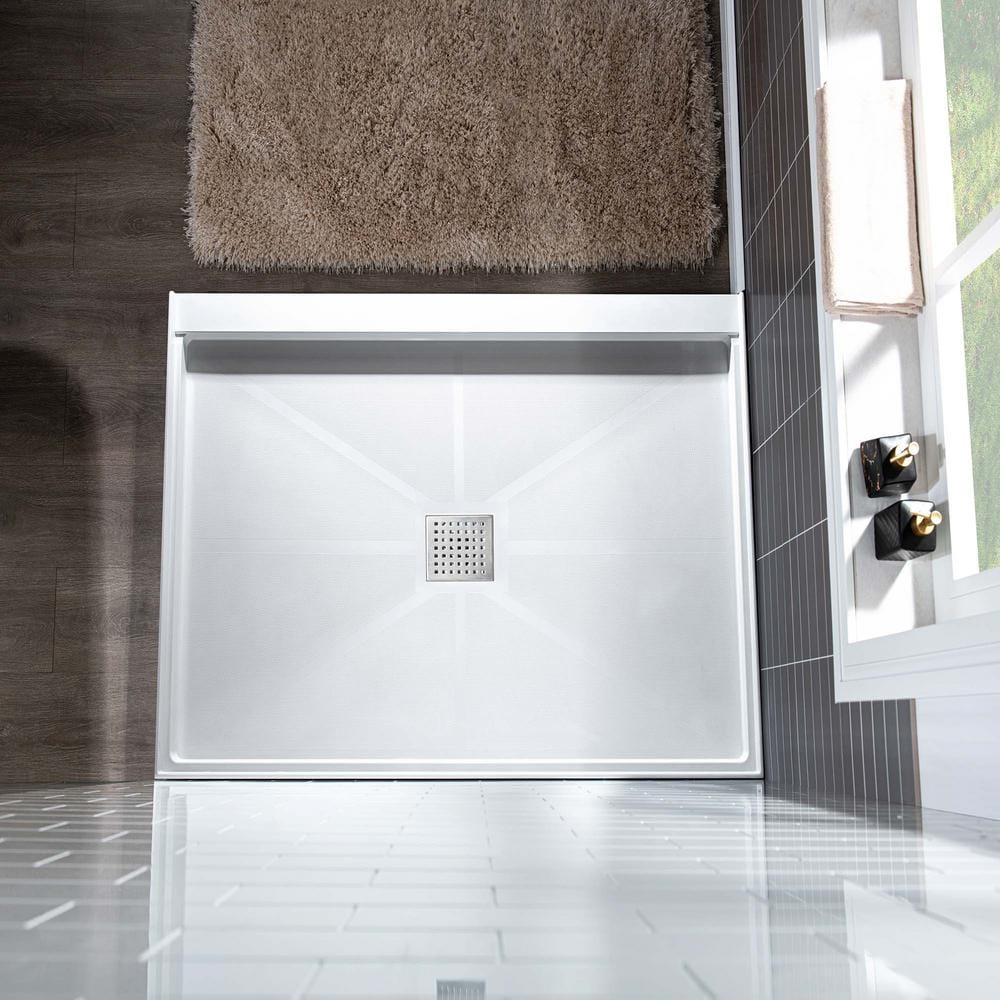 36" White Rectangular Shower Pan Base with Brushed Nickel Drain