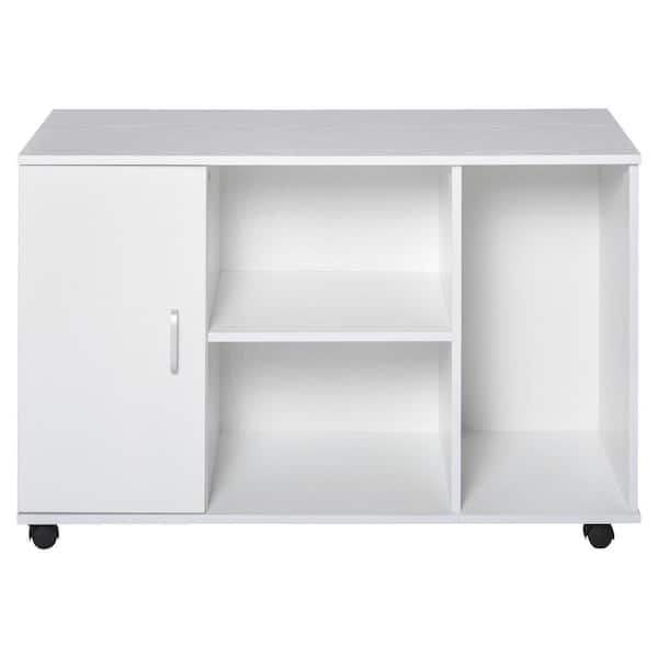 HOMCOM White Rolling File Cabinet Storage Organizer with 3-Large Open-Shelves and Door Storage