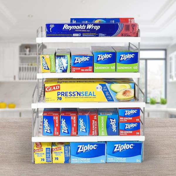 2 Pack 3-Shelf White Expandable Height Adjustable Pantry Organizer for Kitchen Wrap Foil Food Bags Cabinet Counter