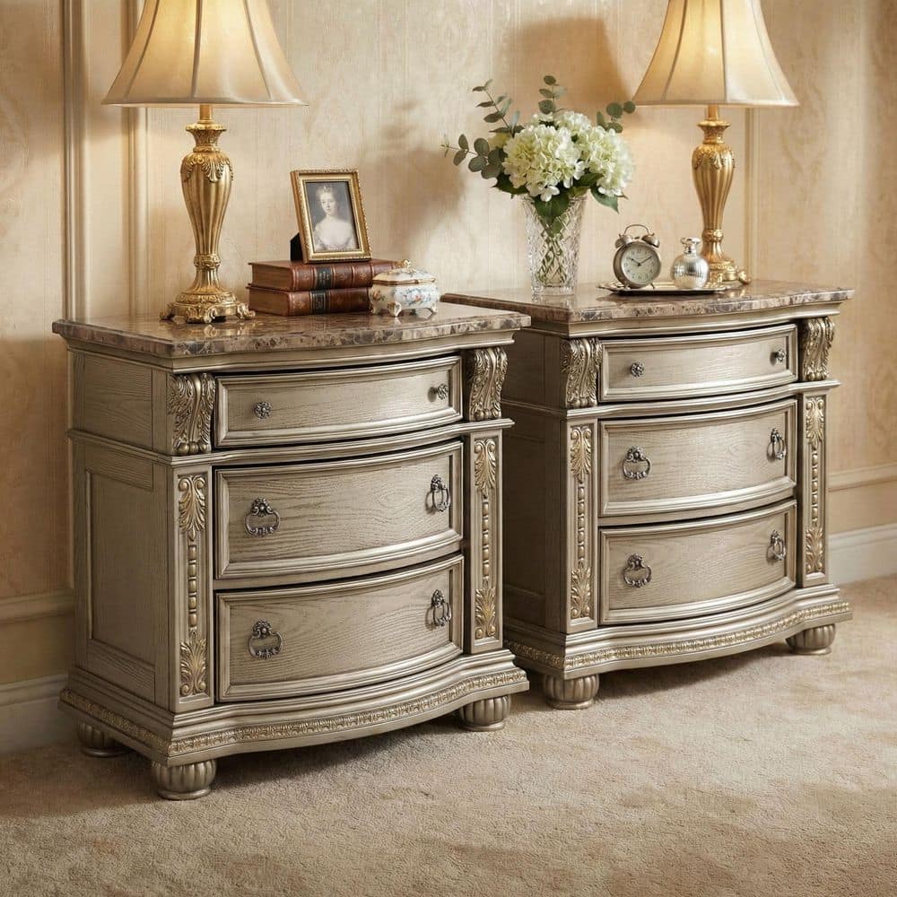 Rilon Gold Champagne 3-Drawer 34.3 in. W Nightstand with Genuine Marble Inset Top (Set of 2)