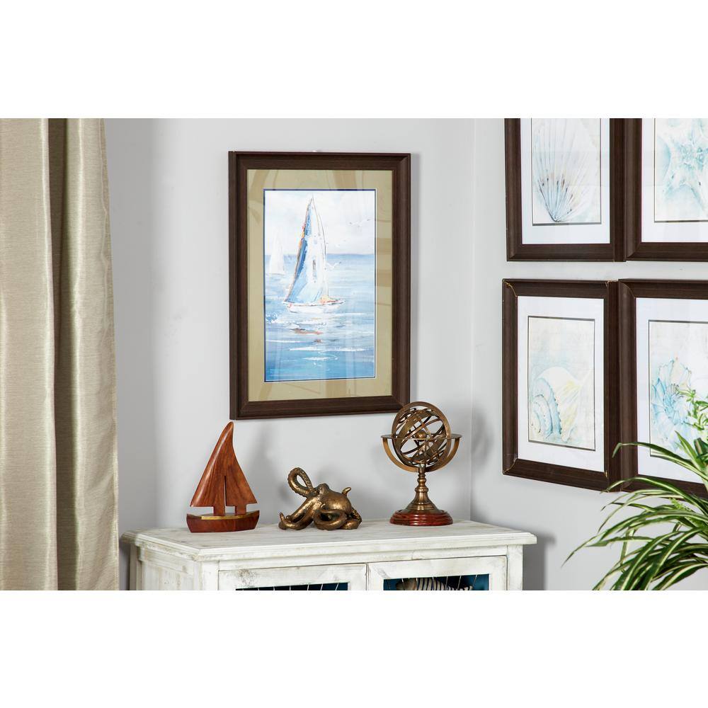 Blue Coastal Sailboat Painting Print in Dark Brown Wood Frame