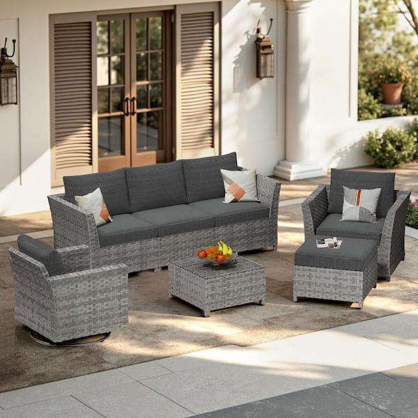 OVIOS Bexley Gray 7-Piece Wicker Patio Conversation Seating Set with Black Cushions and Swivel Chairs