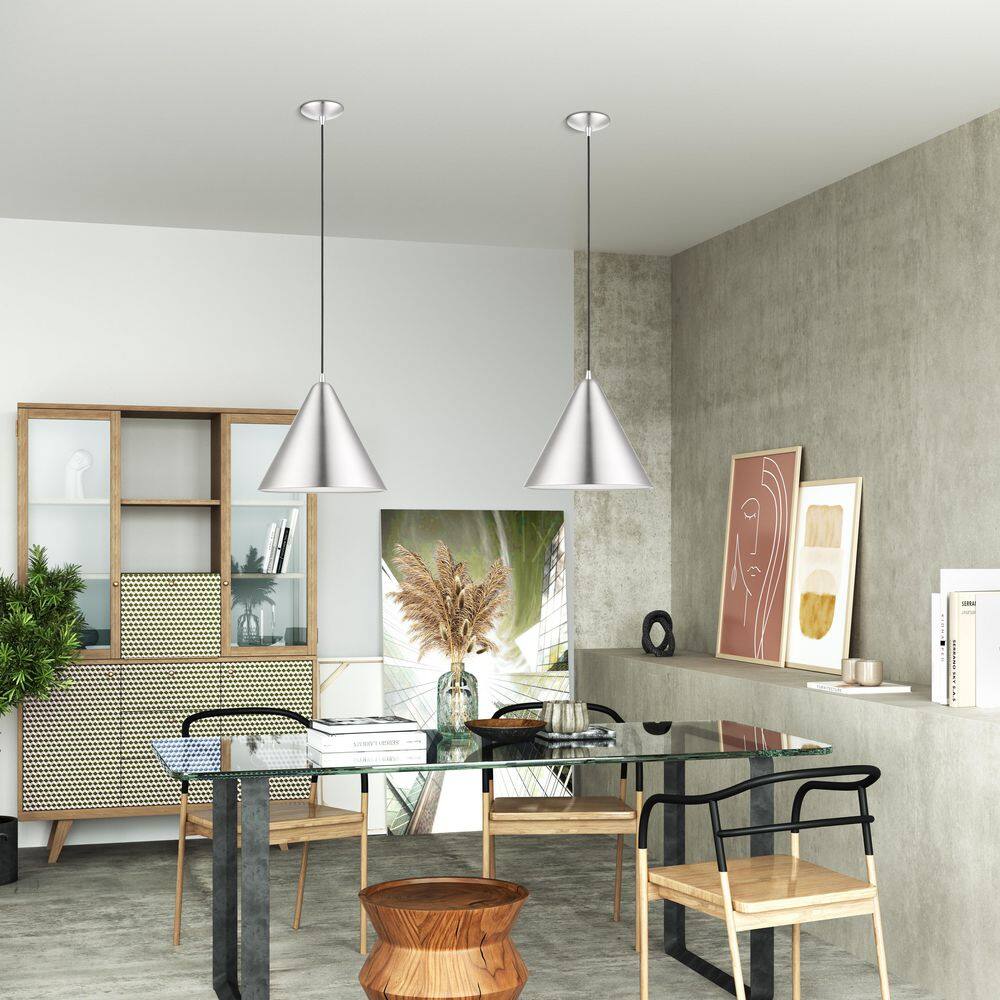 Dulce Brushed Aluminum Pendant with Shiny White Interior, 14" Shade